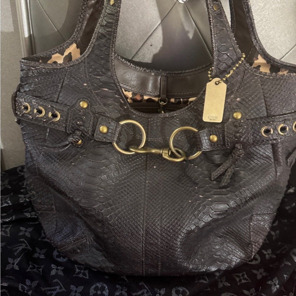 Coach Dark Brown Python-Embossed Shoulder Bag - image 2